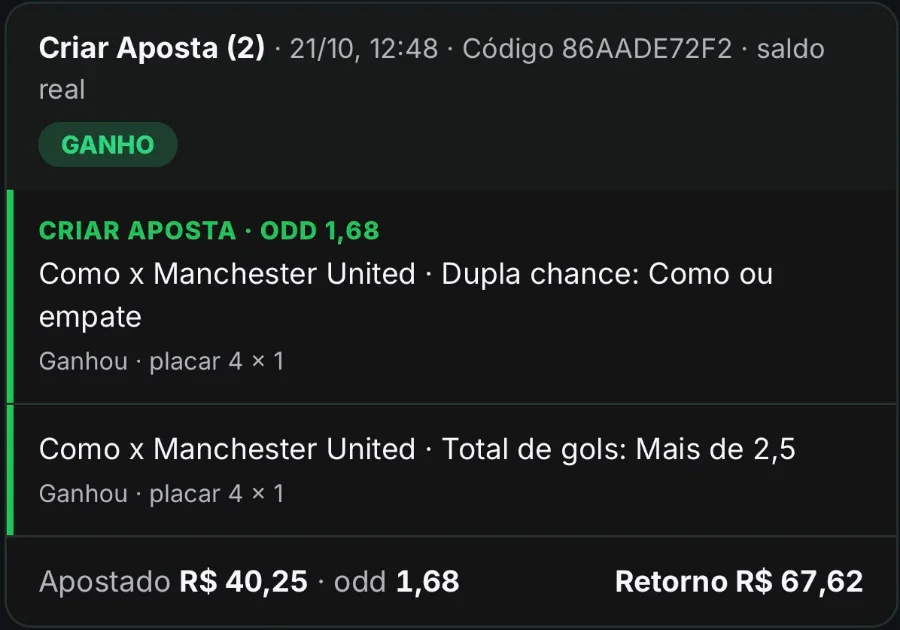 Bilhete ganho: Como x Manchester United, criar aposta na odd 1,68. R$ 40,25 com retorno de R$ 67,62