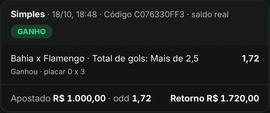 Bilhete ganho: Bahia x Flamengo, mais de 2,5 gols, odd 1,72. R$ 1.000,00 com retorno de R$ 1.720,00