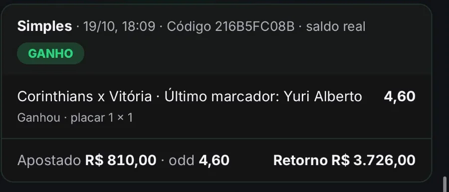 Bilhete ganho: Corinthians x Vitória, último marcador Yuri Alberto, odd 4,60. R$ 810,00 com retorno de R$ 3.726,00