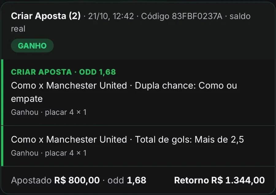 Bilhete ganho: Como x Manchester United, criar aposta na odd 1,68. R$ 800,00 com retorno de R$ 1.344,00